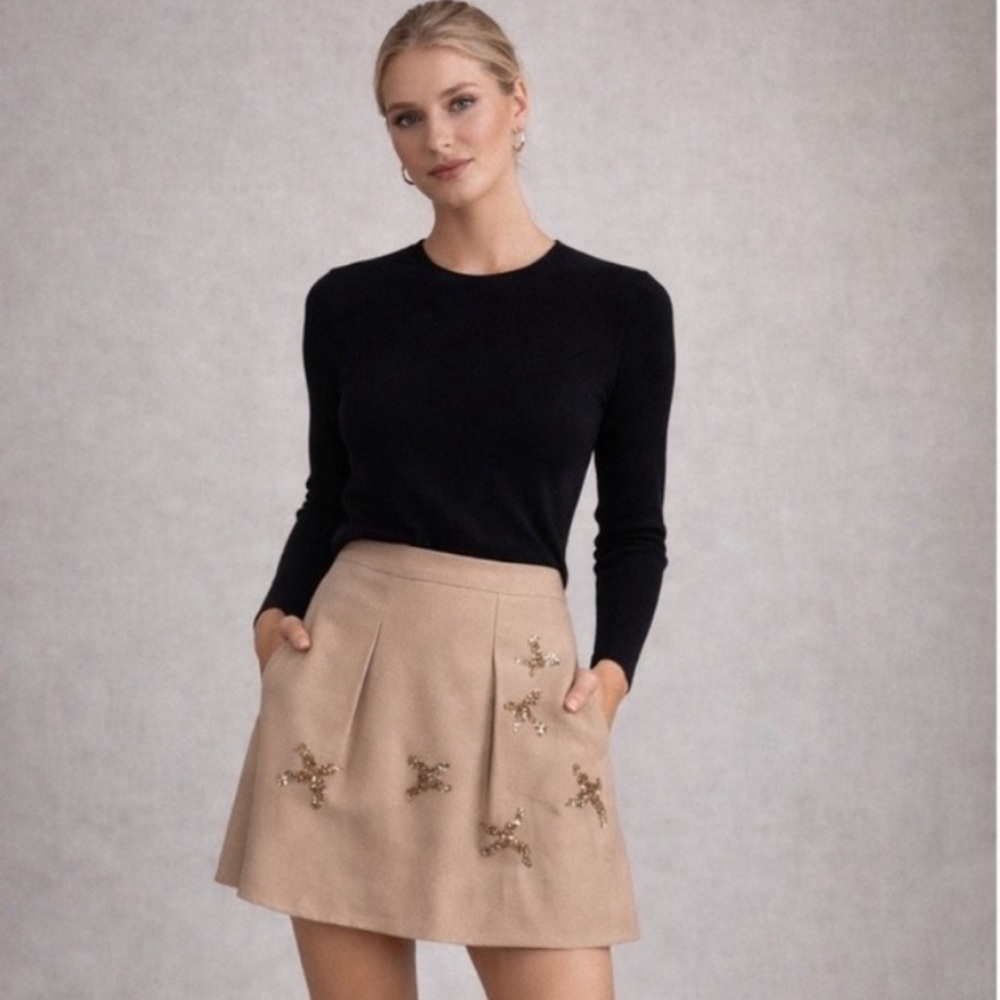 Anthropologie New Leif Notes Bird Sequin Pleated Printed Skirt 6